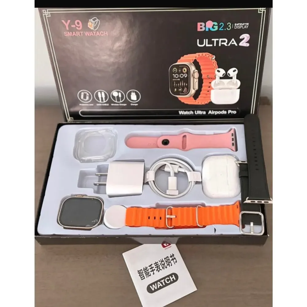 Y-9 Smartwatch Bundle Wireless Earbuds, Cover, Data Cable, Charger & 3 Bands NEW